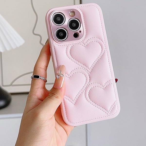 スマホ ケース 韓流 対応 iPhone 15 ケース シンプル 可愛い ハート柄 手つくり アイフォン おしゃれ 耐衝撃 カメラ保護 背面 カバー (ピンク, For iP 15)