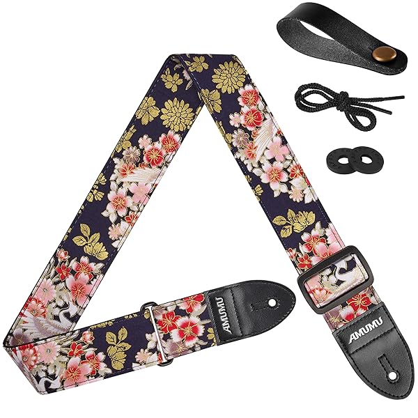 Peony Crane Guitar Strap ギターストラップ – 5cm幅牡丹と鶴の和柄、マイクロファイバーレザーエンド付き、アコースティック／エレキ／ベース対応、長さ調整可能（約92～160cm）