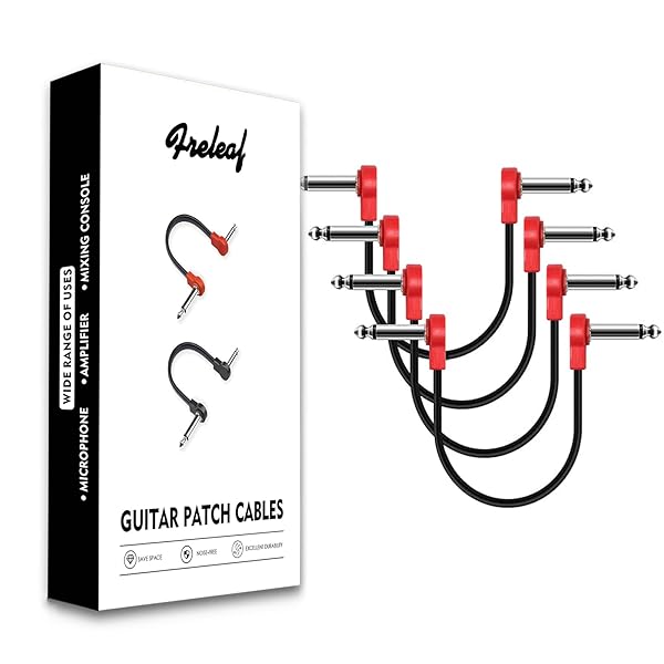 フラット ギター パッチケーブル - ノイズフリー・省スペース設計、1/4" TS 直角型 エフェクター用ケーブル、6 インチ 4 本セット、レッド