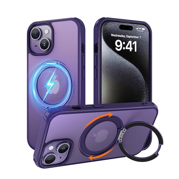 iPhone 15 用 ケース 縦横両対応リング 360°回転スタンド magsafe対応 ワイヤレス充電 米軍MIL規格 耐衝撃 半透明 マット感 iPhone 15 ケース 6.1インチ パープル