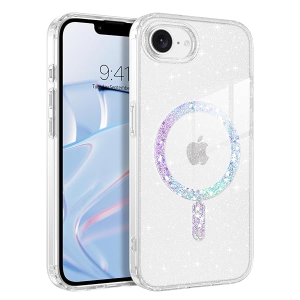 iPhone 16e 6.1インチ 専用 ケース カバー ラメ グリッター クリア｜耐衝撃 マグセーフ対応 マグネット式 ｜ワイヤレス充電 完全対応 & 米軍MIL規格 ｜黄ばみ防止 美しさ 長持ち きらきら キラキラ ブリンブリン かわいい｜軽量