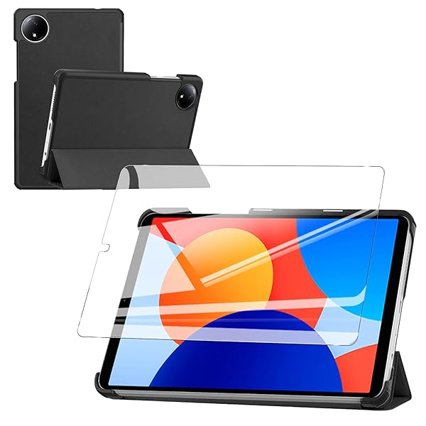 For Redmi Pad SE 8.7インチ ケース フィルム セット Redmi Pad SE 8.7 用 保護ケース ガラスフィルム 軽量 保護カバー 角度調整 上質PU製 汚れ防止 全方位保護 耐衝撃 【ブラック】+保護フィルム1枚