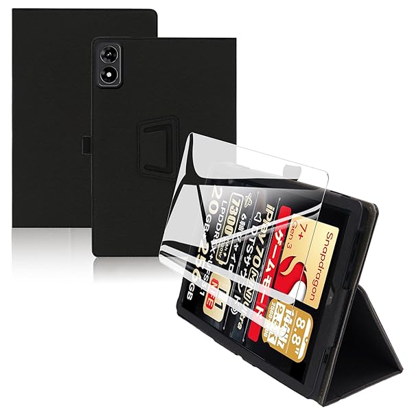 For Alldocube iPlay 70 Mini Ultra ケース フィルム セット iPlay 70 Mini Ultra 8.8インチ 用 保護カバー ガラスフィルム 軽量 角度調整 上質PU製 全方位カバー 耐衝撃 【ブラック】+保護フ