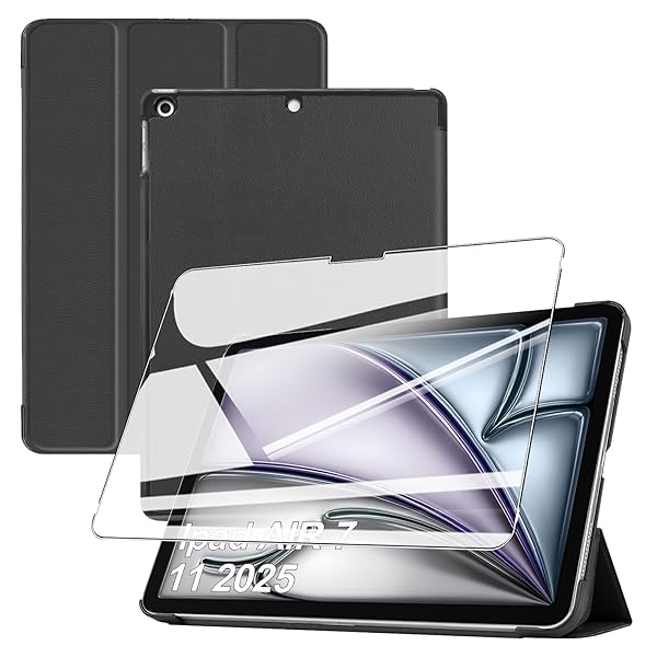 iPad Air 11インチ ケース フィルム M3/M2 第7世代/第6世代 iPad Air 11インチ 用 保護ケース ガラスフィルム セット 軽量 保護カバー 角度調整 上質PU製 全方位カバー 耐衝撃 【ブラック】+保護フィルム1枚