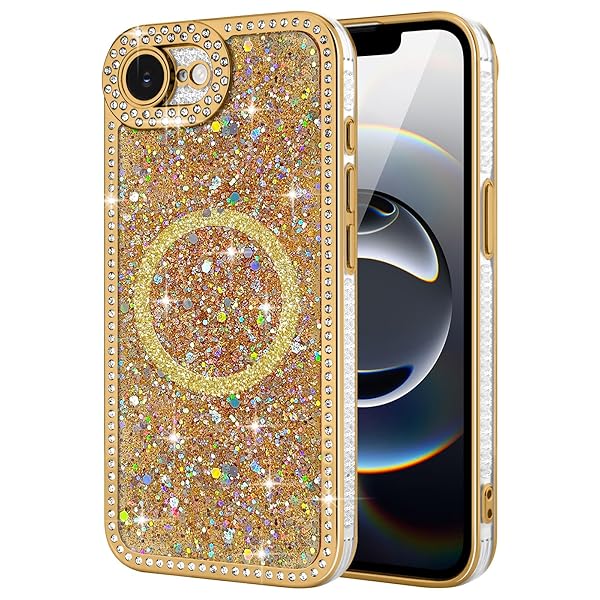 iPhone 16e 用 ケース MagSafe対応 レディース 光沢 キラキラ ダイヤモンド マグネットカバー 落下防止 衝撃吸収 ワイヤレス充電対応 ラメ 大人可愛い スリム 軽薄型 アイフォン 16e 用 スマホケース 6.1インチ ゴールド(2)