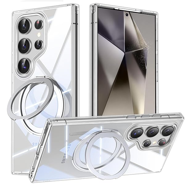 Galaxy S25 Ultra 用 ケース Magsafe対応 ギャラクシーs25ウルトラ / SC-52F / SCG32 カバー 360°回転スタンド スマホケース 携帯ケース ワイヤレス充電 車載ホルダー 対応 ストラップ穴付き 透明 指紋