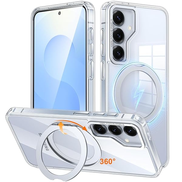 Galaxy S25 用 ケース Magsafe対応 ワイヤレス充電 360°回転スタンド 縦横両対応 スマホケース ギャラクシー S25 / SC-51F 用 米軍規格 耐衝撃 マグセーフ リング マグネット搭載 カバー「クリア」