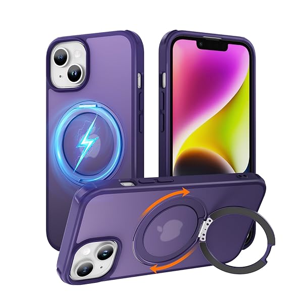 iPhone 13/ iPhone 14 適用 ケース 縦横両対応リング 360°回転スタンド magsafe対応 ワイヤレス充電 米軍MIL規格 耐衝撃 半透明 マット感 iPhone13 カバー iPhone14 カバー 6.1インチ パープル