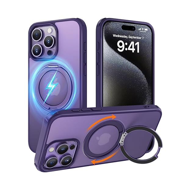 iPhone 15 Pro 用 ケース 縦横両対応リング 360°回転スタンド magsafe対応 ワイヤレス充電 米軍MIL規格 耐衝撃 半透明 マット感 iPhone 15Pro ケース 6.1インチ パープル