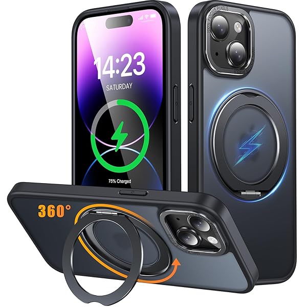 iPhone 14 / iPhone 13 用 ケース Magsafe対応 ワイヤレス充電 360°回転スタンド 縦横両対応 スマホケース iphone14 / iPhone13 用 米軍規格 耐衝撃 半透明 マット感 マグセーフ 防指紋 リング