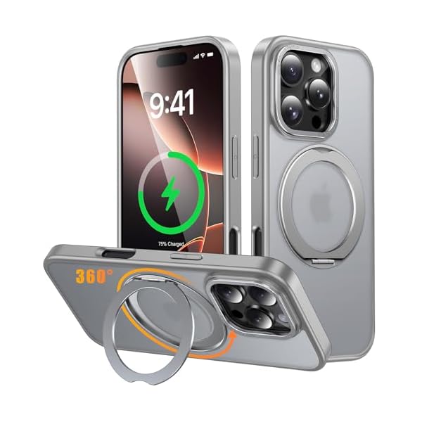 iPhone 16 Pro 用 ケース Magsafe対応 ワイヤレス充電 360°回転スタンド 縦横両対応 スマホケース iphone16 Pro 用 米軍規格 耐衝撃 半透明 マット感 マグセーフ 防指紋 リング マグネット搭載 アイフォン16