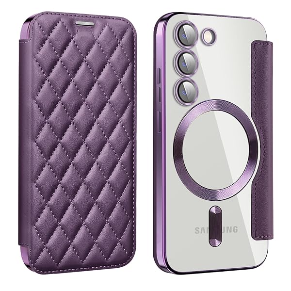 Galaxy S23 用 ケース 手帳型 クリア Magsafe対応 背面透明 キルティング 高級なPUレザー スマホケース ゴージャス カード収納 おしゃれ 人気財布型 格子柄 カバー Samsung ギャラクシー S23 用 手帳カバー ケース