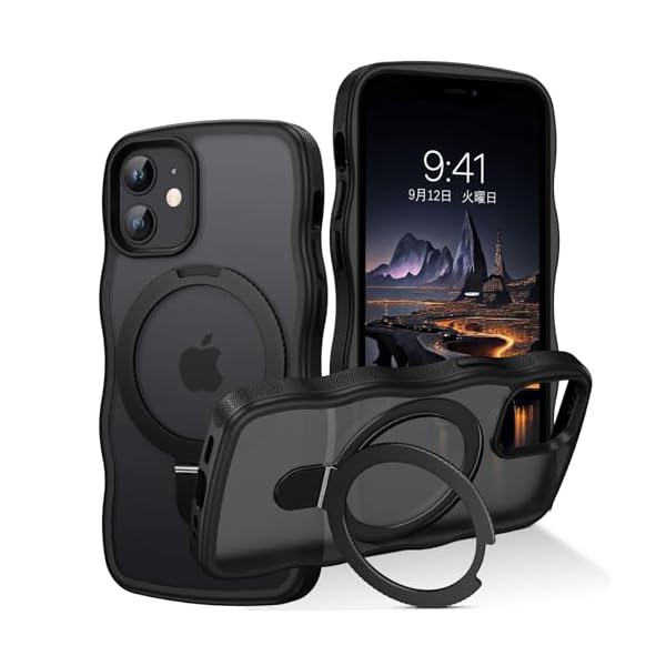 iPhone12Mimi ケース MagSafe対応 ウェーブ スタンド MagSafe対応 半透明 縦横両対応 リング付き いphone 12Mimi 可愛い うねうね 韓国 120°開閉可能 耐衝撃 指紋防止 マット感 滑り止め スマホケース 1
