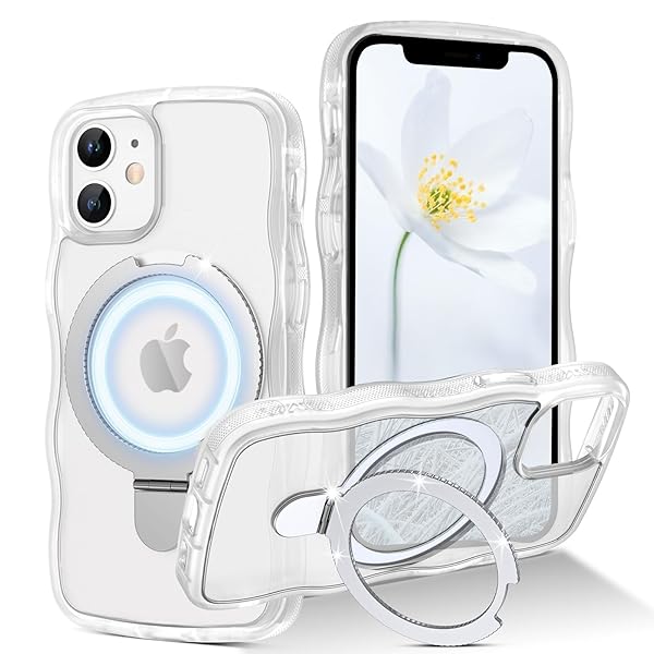 iPhone12Mimi ケース MagSafe対応 ウェーブ スタンド 半透明 縦横両対応 リング付き いphone 12Mimi 可愛い うねうね 韓国 120°開閉可能 耐衝撃 指紋防止 マット感 滑り止め スマホケース 12Mini マグネッ