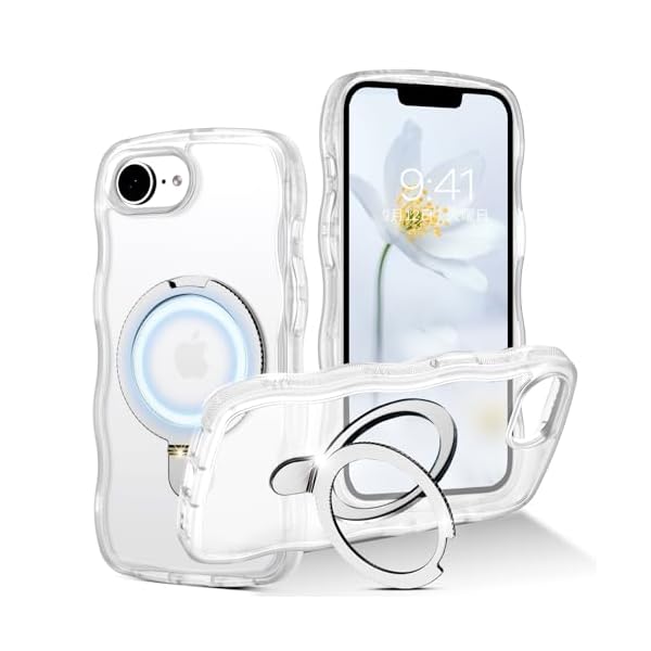 [ウェーブ&スタンド] iphone 16e ケース 耐衝撃 ウェーブデザイン マット白 120°調整可能 金属キックスタンド マグネット搭載 縦横両用 360°回転リング付き 指紋防止 滑り止め 高耐久 可愛い うねうね 韓国 120°開閉可能 あ