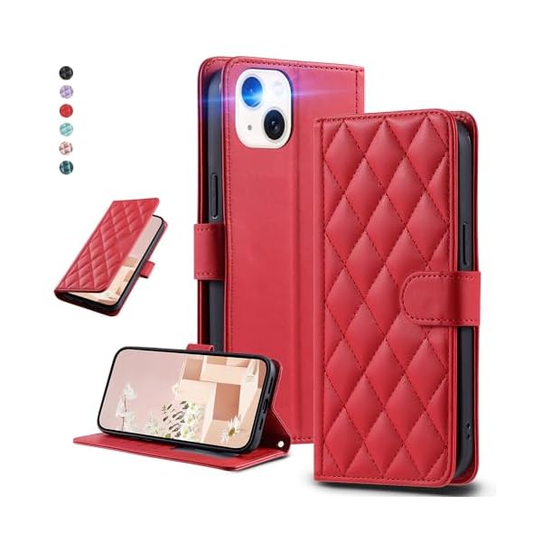 UnivoColors アイフォン 15 Plus キルティングレザー調 手帳型ケース エレガント 高質PU マグネット開閉式 カード収納機能 スタンド機能 液晶全面保護 レンズ保護 ストラップ付属(レッド)