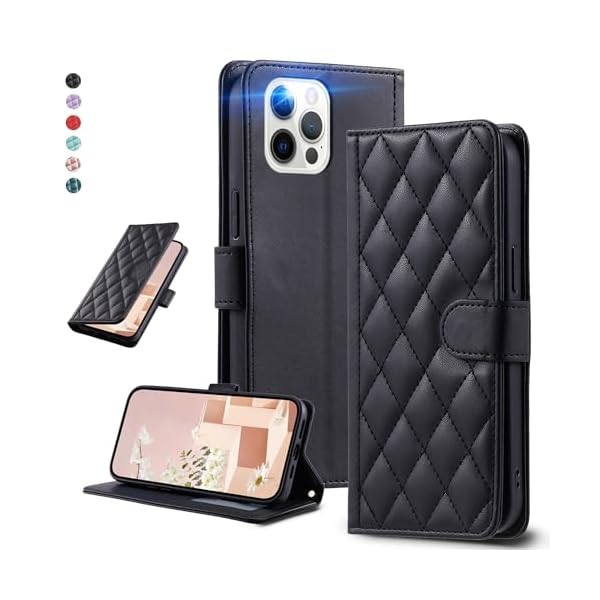 UnivoColors アイフォン 12 Pro Max キルティングレザー調 手帳型ケース エレガント 高質PU マグネット開閉式 カード収納機能 スタンド機能 液晶全面保護 レンズ保護 ストラップ付属(ブラック)N