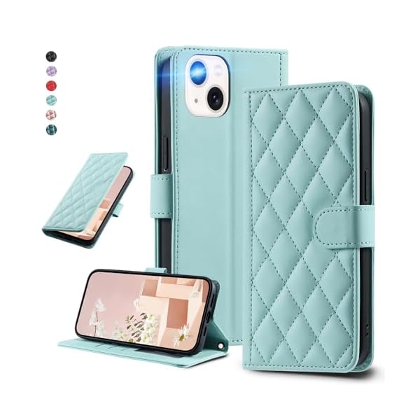 UnivoColors アイフォン 13 キルティングレザー調 手帳型ケース エレガント 高質PU マグネット開閉式 カード収納機能 スタンド機能 液晶全面保護 レンズ保護 ストラップ付属(ミントグリーン)N