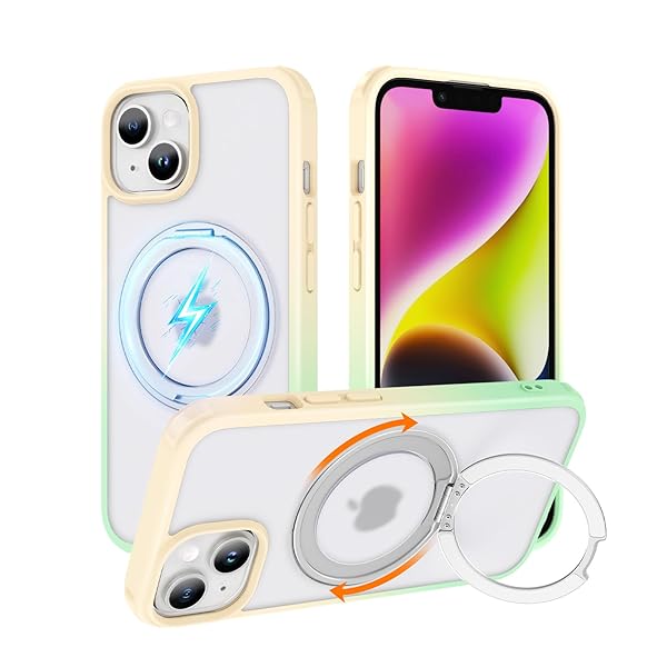 iPhone 13/ iPhone 14 適用 ケース 縦横両対応リング 360°回転スタンド magsafe対応 ワイヤレス充電 米軍MIL規格 耐衝撃 半透明 マット感 iPhone13 カバー iPhone14 カバー 6.1インチ 黄緑