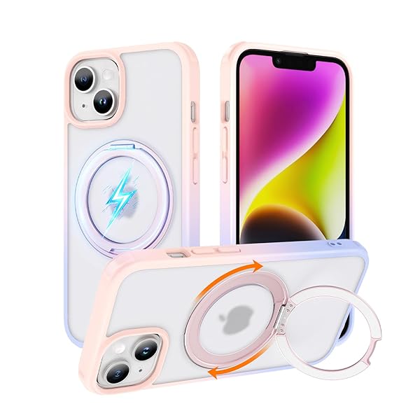 iPhone 13/ iPhone 14 適用 ケース 縦横両対応リング 360°回転スタンド magsafe対応 ワイヤレス充電 米軍MIL規格 耐衝撃 半透明 マット感 iPhone13 カバー iPhone14 カバー 6.1インチ ピンクパー