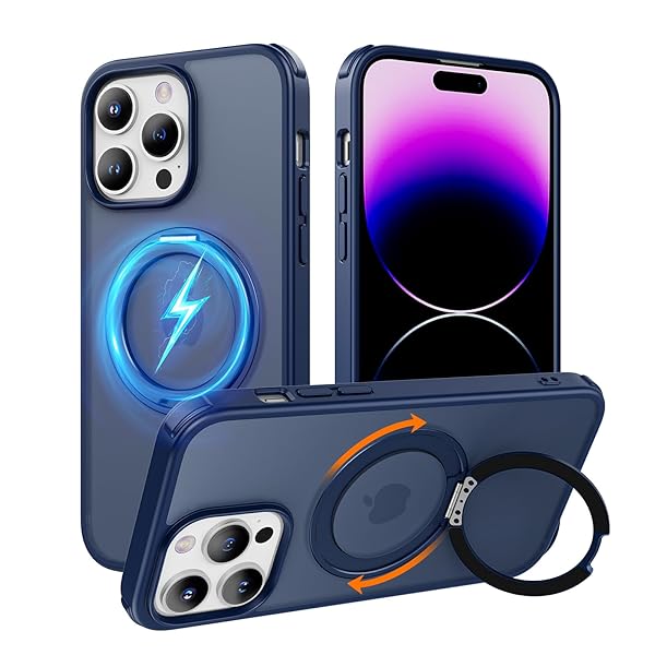 iPhone 14 Pro 用 ケース 縦横両対応リング 360°回転スタンド magsafe対応 ワイヤレス充電 米軍MIL規格 耐衝撃 半透明 マット感 iPhone 14 Pro ケース 6.1インチ ブルー