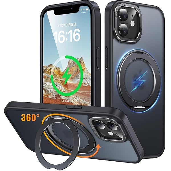 iPhone 12 / iPhone 12 Pro 用 ケース Magsafe対応 ワイヤレス充電 360°回転スタンド 縦横両対応 スマホケース iphone12 / iPhone12 Pro 用 米軍規格 耐衝撃 半透明 マット感 マグセーフ