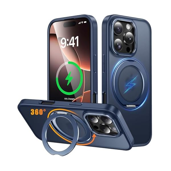 iPhone 16 Pro 用 ケース Magsafe対応 ワイヤレス充電 360°回転スタンド 縦横両対応 スマホケース iphone16 Pro 用 米軍規格 耐衝撃 半透明 マット感 マグセーフ 防指紋 リング マグネット搭載 アイフォン16