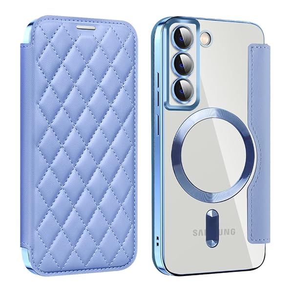 Galaxy S22 用 ケース 手帳型 クリア Magsafe対応 背面透明 キルティング 高級なPUレザー スマホケース ゴージャス カード収納 おしゃれ 人気財布型 格子柄 カバー Samsung ギャラクシー S22 用 手帳カバー ケース