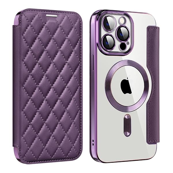 iPhone 14 Pro Max 用 ケース 手帳型 クリア Magsafe対応 背面透明 キルティング 高級なPUレザー スマホケース ゴージャス カード収納 おしゃれ 人気財布型 格子柄 カバー アイフォン14 Pro Max 用 手帳カバー