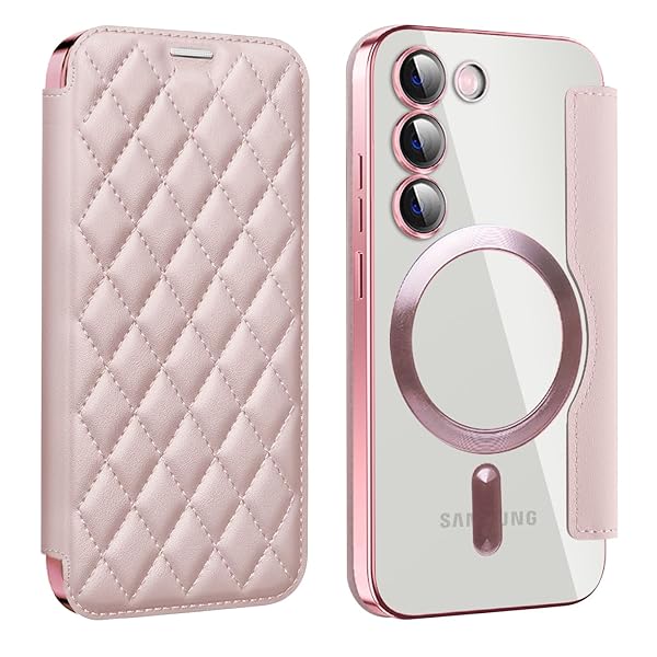 Galaxy S23 用 ケース 手帳型 クリア Magsafe対応 背面透明 キルティング 高級なPUレザー スマホケース ゴージャス カード収納 おしゃれ 人気財布型 格子柄 カバー Samsung ギャラクシー S23 用 手帳カバー ケース