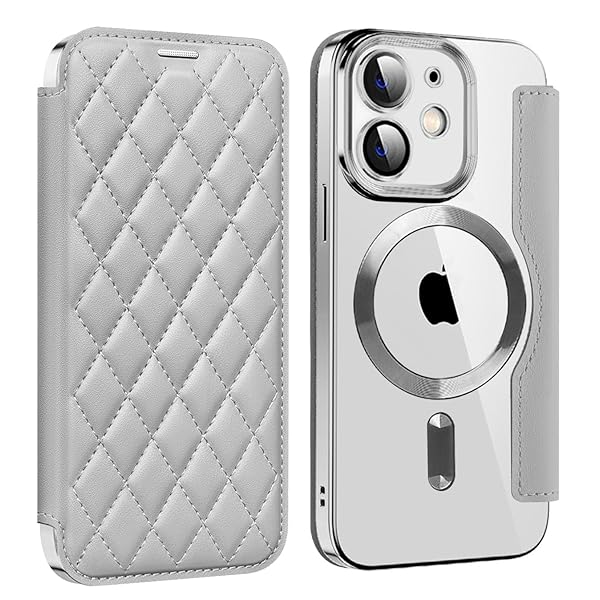 iPhone 12 用 ケース 手帳型 クリア Magsafe対応 背面透明 キルティング 高級なPUレザー スマホケース ゴージャス カード収納 おしゃれ 人気財布型 格子柄 カバー アイフォン12 用 手帳カバー ケース (iPhone12,チタ