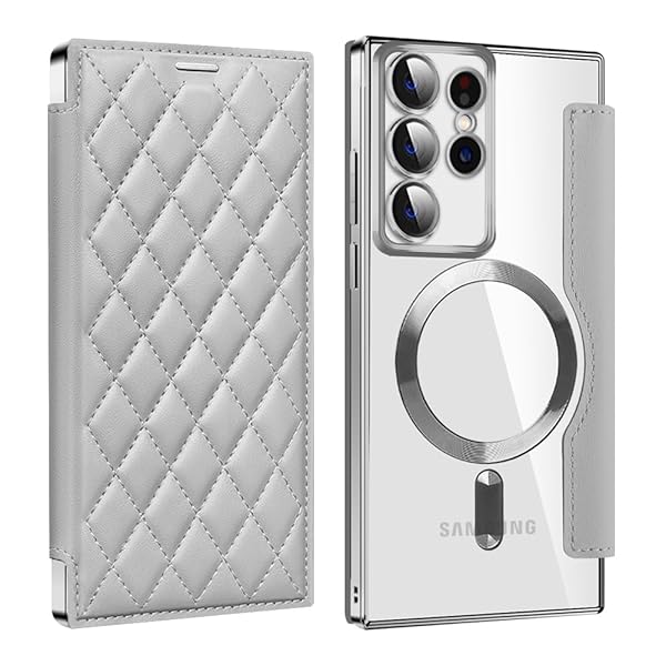 Galaxy S22 Ultra 用 ケース 手帳型 クリア Magsafe対応 背面透明 キルティング 高級なPUレザー スマホケース ゴージャス カード収納 おしゃれ 人気財布型 格子柄 カバー Samsung ギャラクシー S22 Ultra