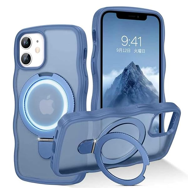 [ウェーブ&スタンド] iPhone12Mini スタンド ケース MagSafe対応 半透明 縦横両対応 リング付き 可愛い うねうね 韓国 120°開閉可能 耐衝撃 指紋防止 マット感 滑り止め マグネット搭載 金属キックスタンド カバー（ブルー