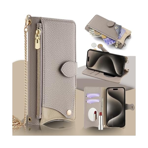 用の iPhone 17Pro Max ケース 手帳型 財布型カバー iPhone17プロマックス スマホケース マグネット留め 鏡付き 銭入れ あいふおん17ケースプロマックス マグネット式 化粧鏡 カード収納 斜めがけ ストラップ 首掛け PUレ