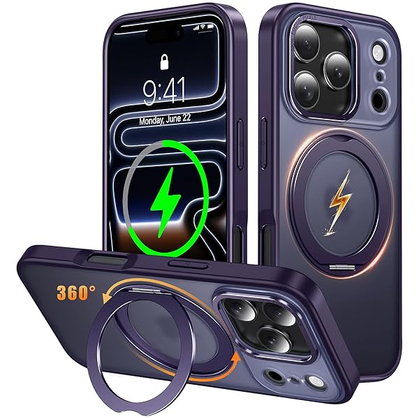 iPhone 17 Pro 用 ケース Magsafe対応 ワイヤレス充電 360°回転スタンド 縦横両対応 スマホケース いphone17 Pro 用 米軍規格 耐衝撃 半透明 マット感 マグセーフ 防指紋 リング マグネット搭載 アイフォン17