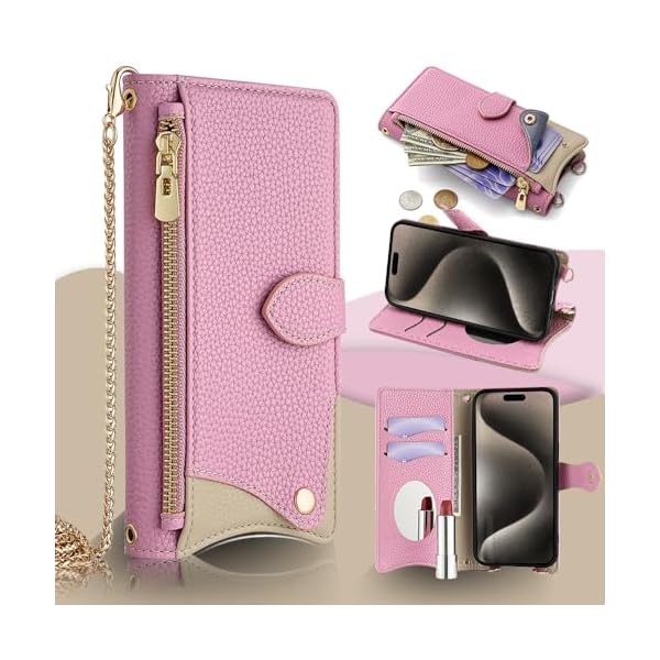 用の iPhone 17 Pro ケース 手帳型 財布型カバー iPhone17プロ 手帳型ケース マグネット留め 鏡付き 銭入れ アイホン17プロcaseマグネット式 化粧鏡 カード収納 斜めがけ ストラップ 首掛け PUレザー 肩掛け 横置きスタ