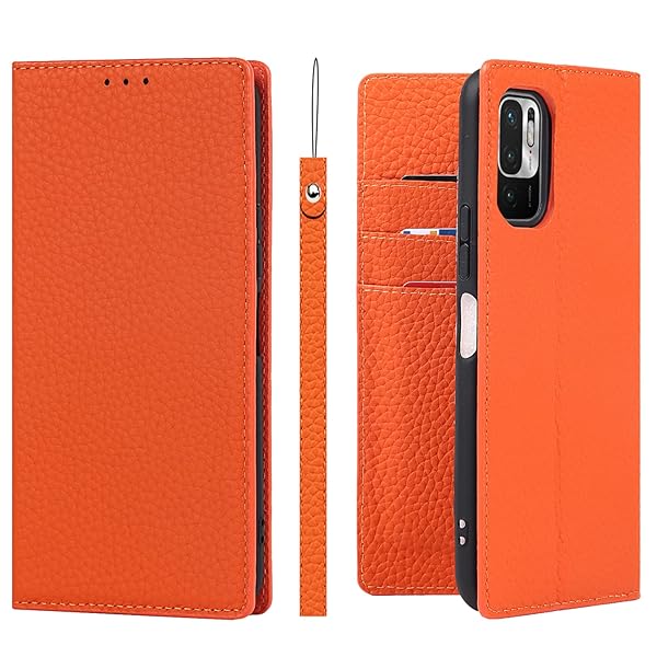 Redmi Note 10T ケース Redmi Note 10 JE ケース xig02 ケース 手帳型 本革 ストラップ Xiaomi au ノート10 JE 耐衝撃 docomo カード収納 SoftBank スタンド機能 レザー -オレンジ(2)