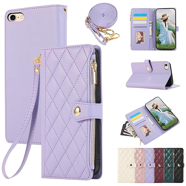 iPhone SE 第3世代 用 ケース 手帳型 通用 iPhone SE2, iPhone 6/7/8 カバー 対応 iPhone SE3 ケース ショルダー ひし形柄アイフォン SE ケース 肩掛け 人気 女性 カード収納 ジップ付き財布 横置き