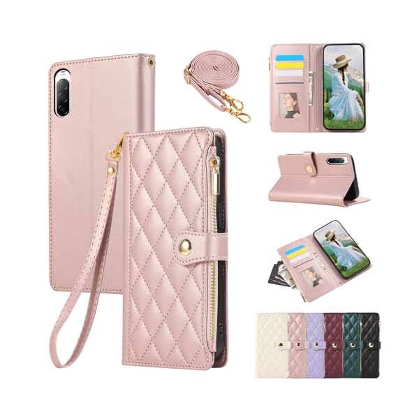 Xperia 10 II ケース手帳型 Xperia So-41A ケース ショルダー 携帯ケースエクスペリアSO41Aカバー ひし形柄 人気 女性 SOV43 ケース 肩掛け カード収納 ジップ付き財布 横置き機能 シンプル お洒落 スマホケース