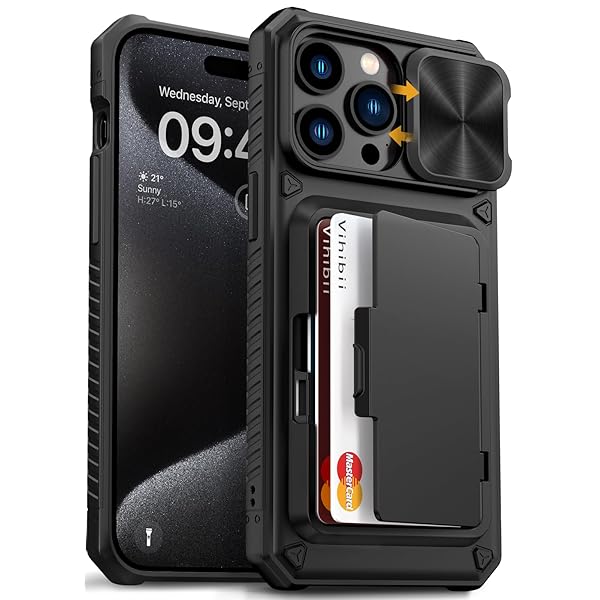 for iPhone 15 Pro Max ケース 背面 カード収納 (4枚) スタンド付き カメラレンズ保護 スタンド機能 カバー 耐衝撃 滑り止め 財布付きアイフォン15 pro max スマホケース (ブラック)