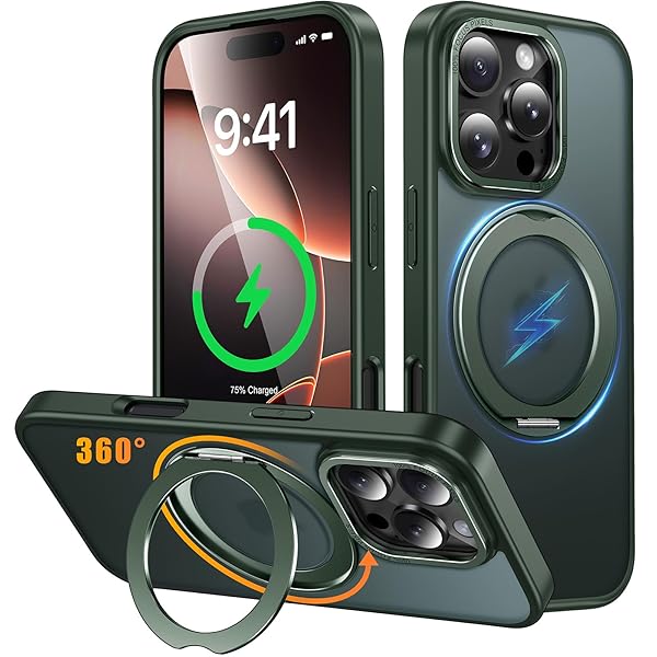 iPhone 16 Pro 用 ケース Magsafe対応 ワイヤレス充電 360°回転スタンド 縦横両対応 スマホケース iphone16 Pro 用 米軍規格 耐衝撃 半透明 マット感 マグセーフ 防指紋 リング マグネット搭載 アイフォン16