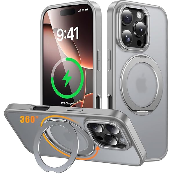 iPhone 16 Pro Max 用 ケース Magsafe対応 ワイヤレス充電 360°回転スタンド 縦横両対応 スマホケース iphone16 Pro Max 用 米軍規格 耐衝撃 半透明 マット感 マグセーフ 防指紋 リング マグネット搭載