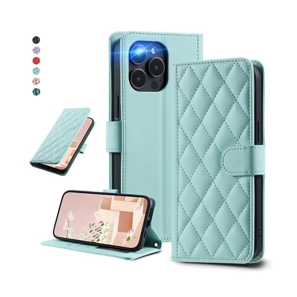 UnivoColors アイフォン 15 Pro Max キルティングレザー調 手帳型ケース エレガント 高質PU マグネット開閉式 カード収納機能 スタンド機能 液晶全面保護 レンズ保護 ストラップ付属(ミントグリーン)N