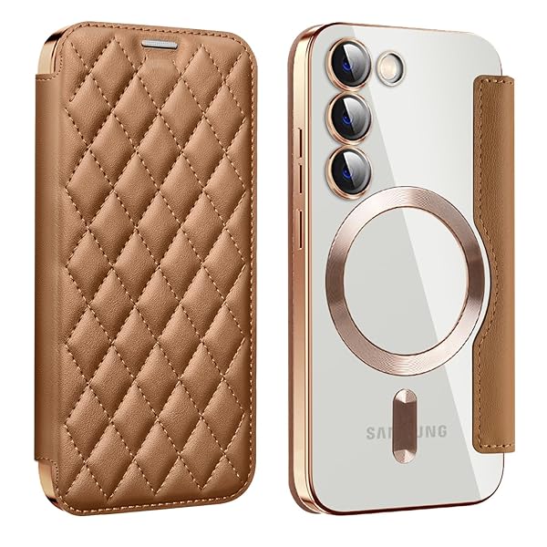 Galaxy S23 用 ケース 手帳型 クリア Magsafe対応 背面透明 キルティング 高級なPUレザー スマホケース ゴージャス カード収納 おしゃれ 人気財布型 格子柄 カバー Samsung ギャラクシー S23 用 手帳カバー ケース