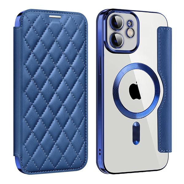 iPhone 12 用 ケース 手帳型 クリア Magsafe対応 背面透明 キルティング 高級なPUレザー スマホケース ゴージャス カード収納 おしゃれ 人気財布型 格子柄 カバー アイフォン12 用 手帳カバー ケース (iPhone12,ダー