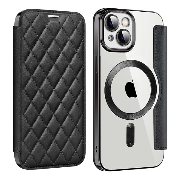 iPhone 14 用 ケース 手帳型 クリア Magsafe対応 背面透明 キルティング 高級なPUレザー スマホケース ゴージャス カード収納 おしゃれ 人気財布型 格子柄 カバー アイフォン14 用 手帳カバー ケース (iPhone 14,ブ