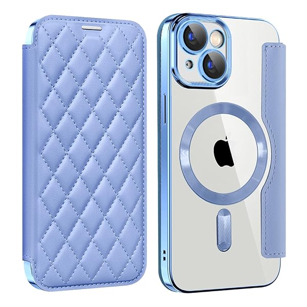 iPhone 14 用 ケース 手帳型 クリア Magsafe対応 背面透明 キルティング 高級なPUレザー スマホケース ゴージャス カード収納 おしゃれ 人気財布型 格子柄 カバー アイフォン14 用 手帳カバー ケース (iPhone 14,ブ