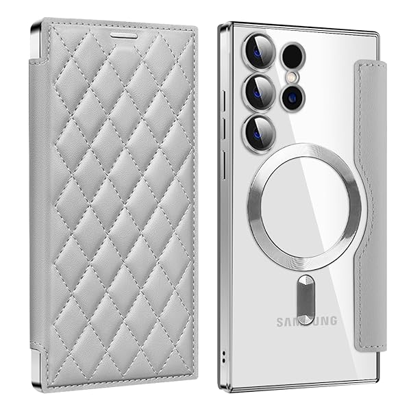 Galaxy S24 Ultra 用 ケース 手帳型 クリア Magsafe対応 背面透明 キルティング 高級なPUレザー スマホケース ゴージャス カード収納 おしゃれ 人気財布型 格子柄 カバー Samsung ギャラクシー S24 Ultra