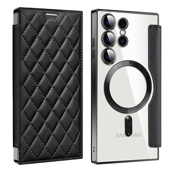 Galaxy S24 Ultra 用 ケース 手帳型 クリア Magsafe対応 背面透明 キルティング 高級なPUレザー スマホケース ゴージャス カード収納 おしゃれ 人気財布型 格子柄 カバー Samsung ギャラクシー S24 Ultra