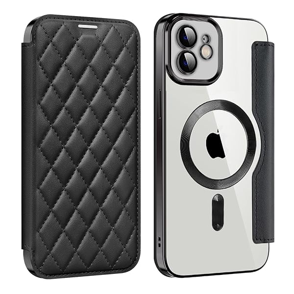 iPhone 11 用 ケース 手帳型 クリア Magsafe対応 背面透明 キルティング 高級なPUレザー スマホケース ゴージャス カード収納 おしゃれ 人気財布型 格子柄 カバー アイフォン11 用 手帳カバー ケース (iPhone 11,ブ